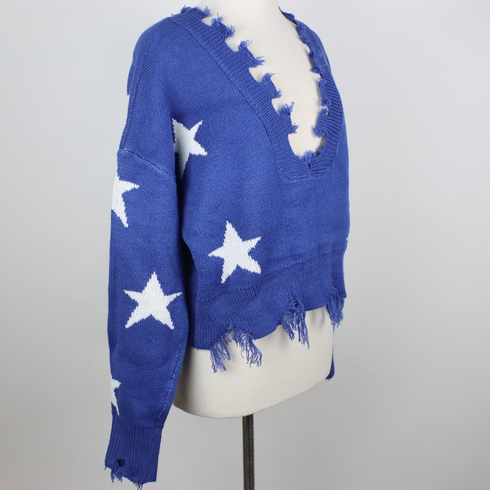Zaful Womens OS One Size Star Crop Frayed Distressed Sweater - Picture 2 of 4